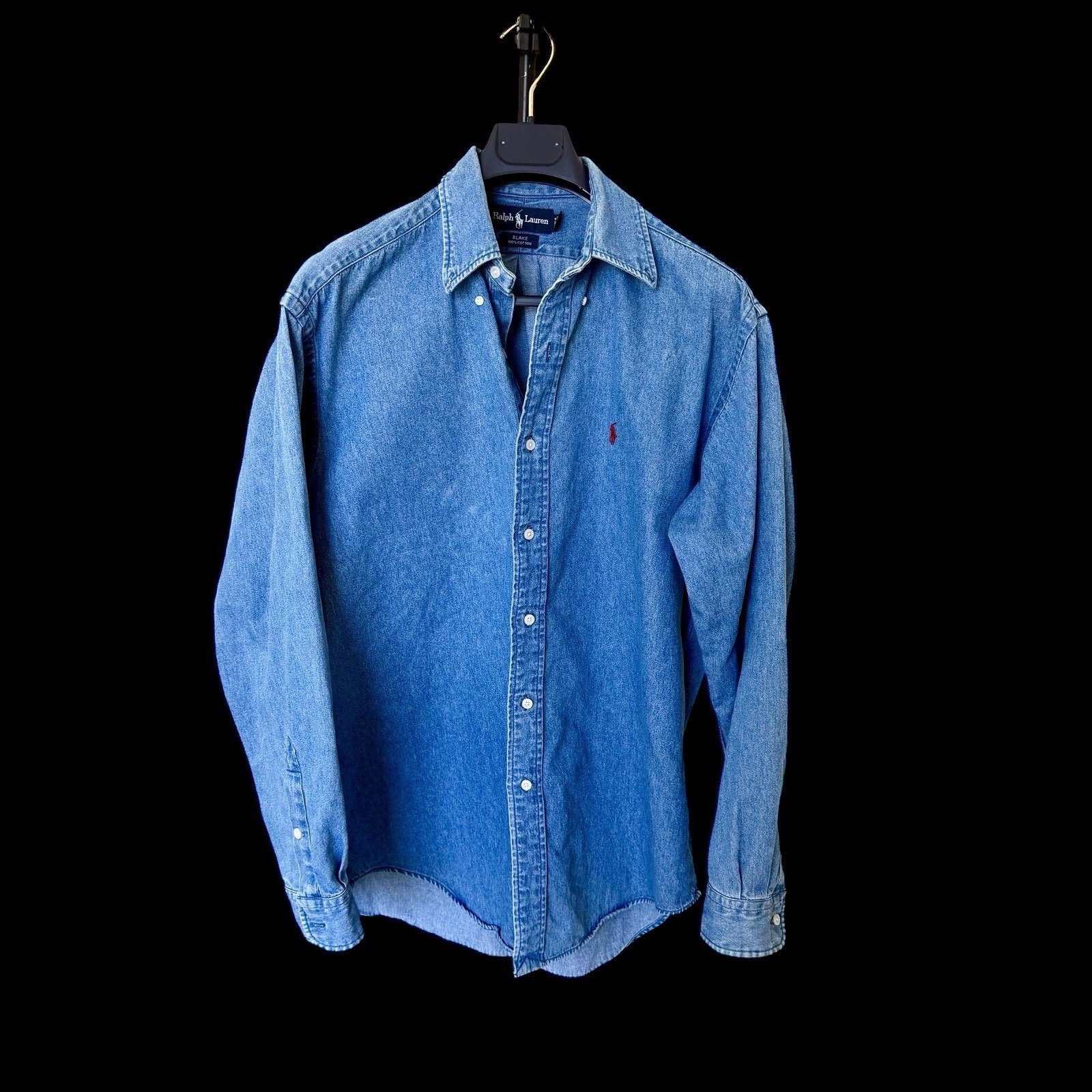 Vintage 90's Ralph Lauren Polo Shirt Medium Blue Blake Denim Button Up Red Pony